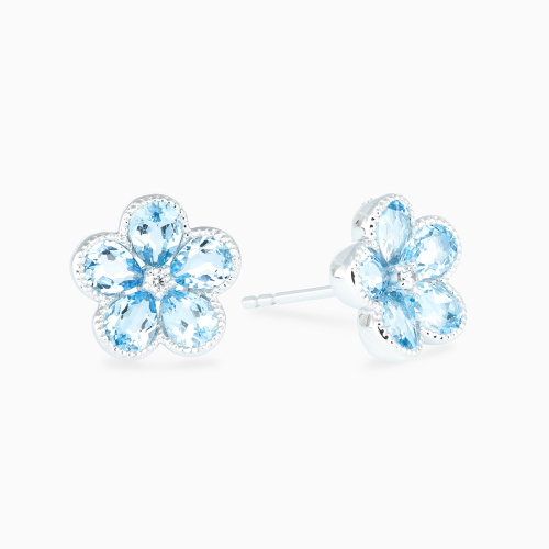 Natural Diamond and Blue Topaz Floral Stud Earrings, 14k White Gold
